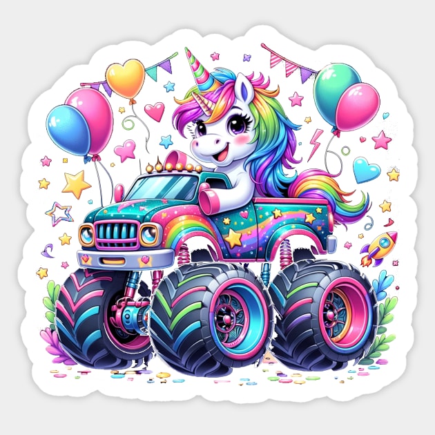 Monster Truck Unicorn Birthday Party Monster Truck Girl Kids Sticker by ProCoffe